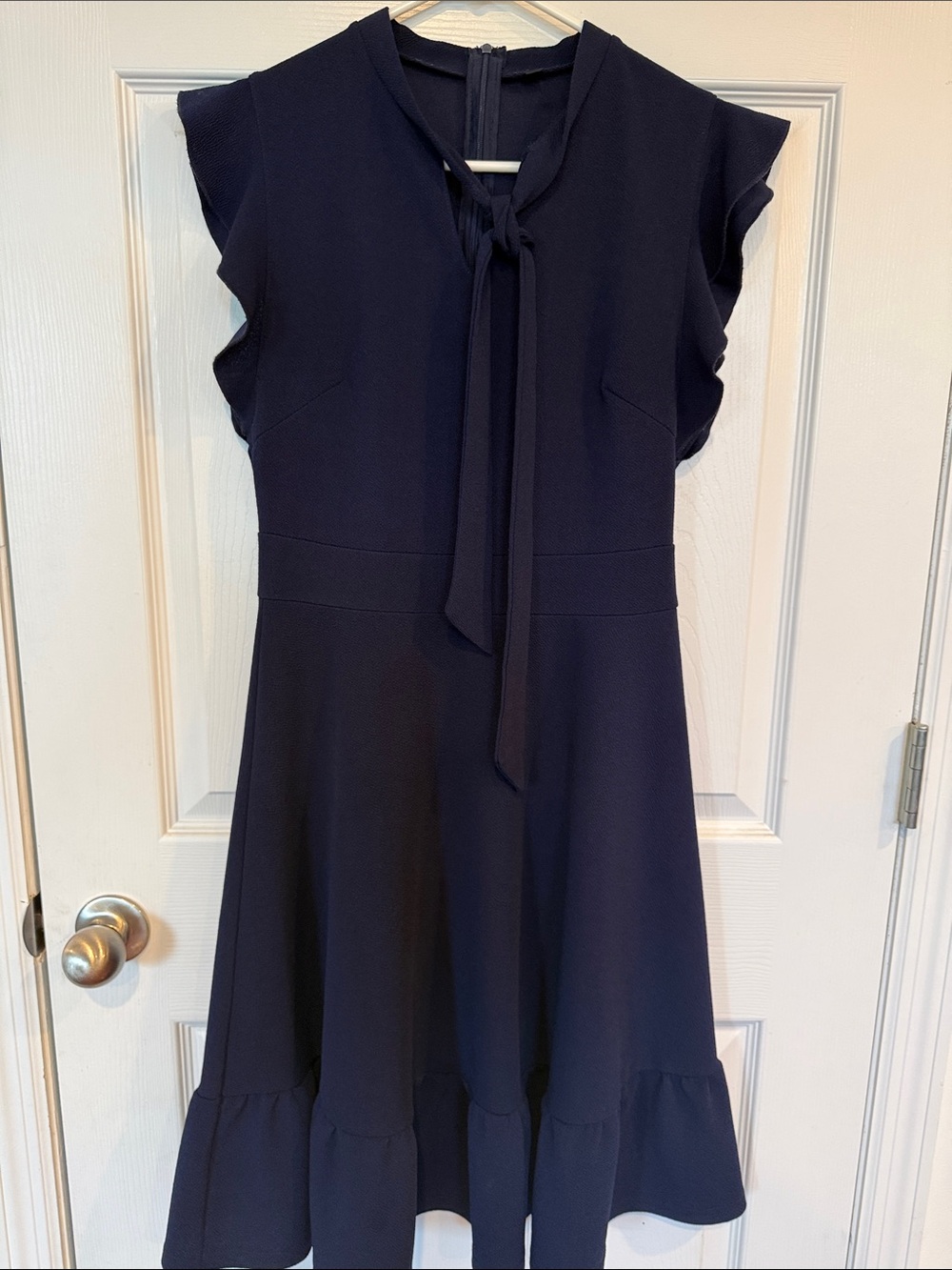 Tie-Neck Navy Midi Dress with Ruffle Hem